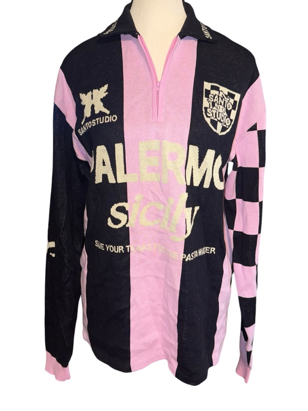 Santo Studio Palermo Sicily graphic knit quarter-zip sweater pink black SM NWT